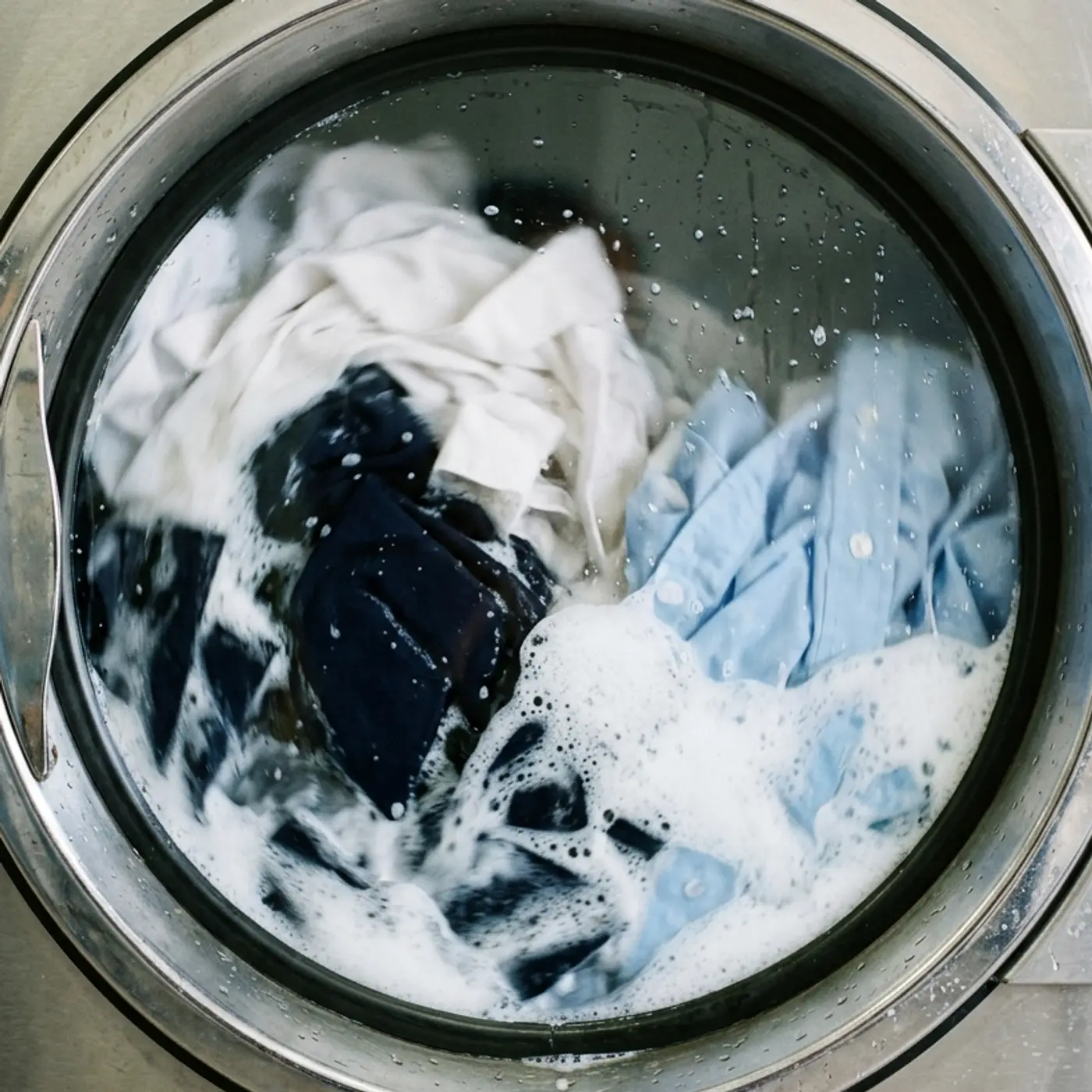 Baju sekolah dan kemeja berpusing dalam buih di sebalik pintu kaca mesin basuh