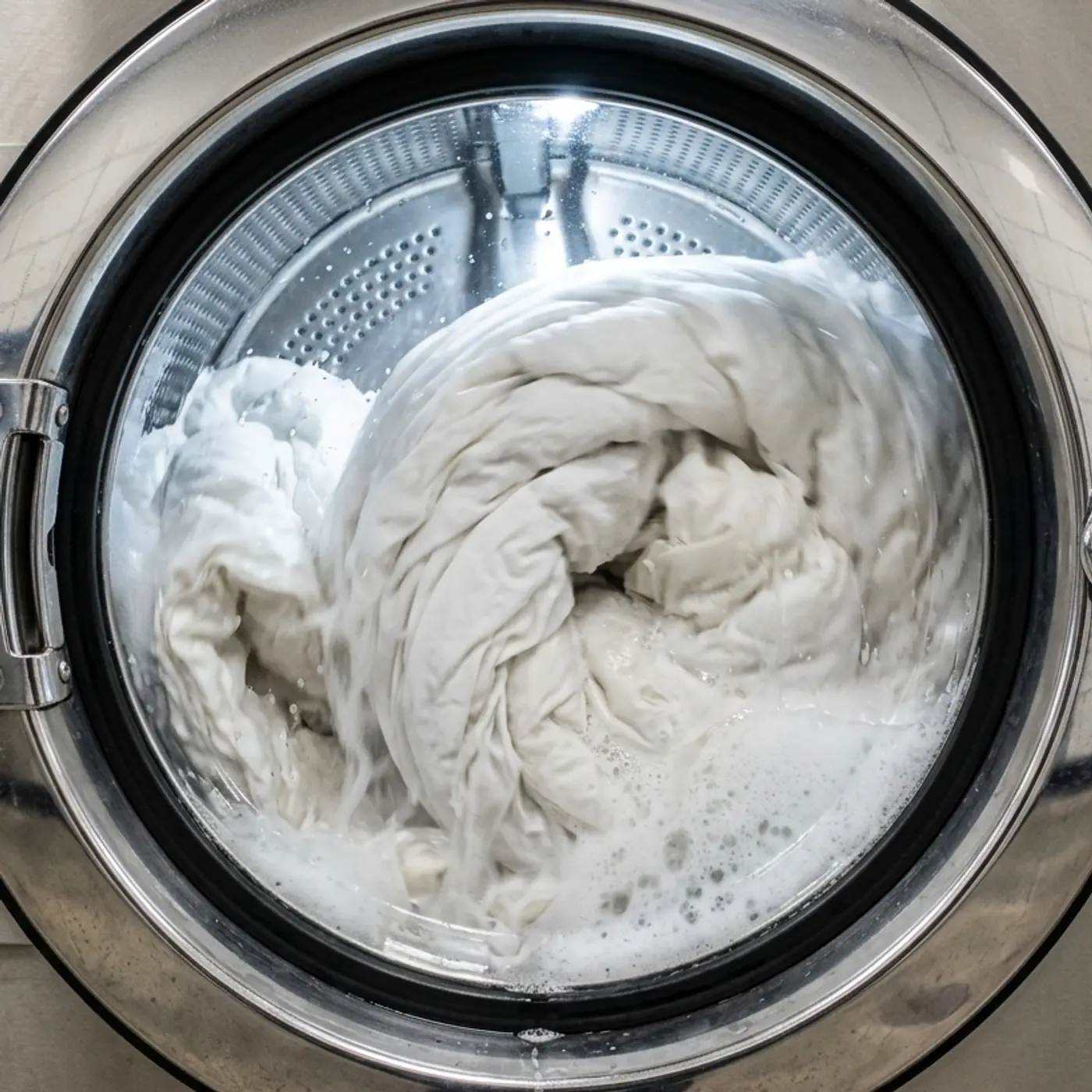 Comforter putih bergulung di dalam dram besar mesin basuh 20 kg