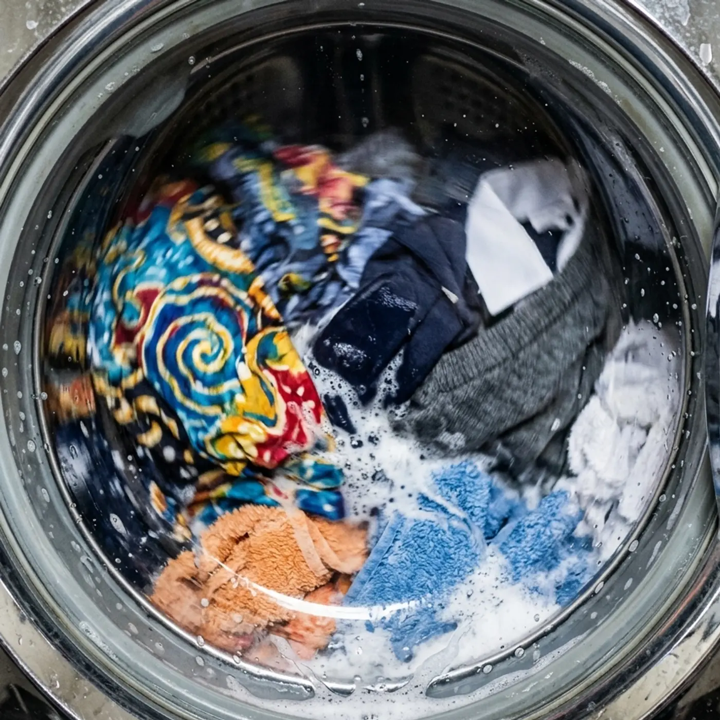 Kain batik dan pakaian keluarga berpusing dalam buih di sebalik pintu kaca mesin basuh