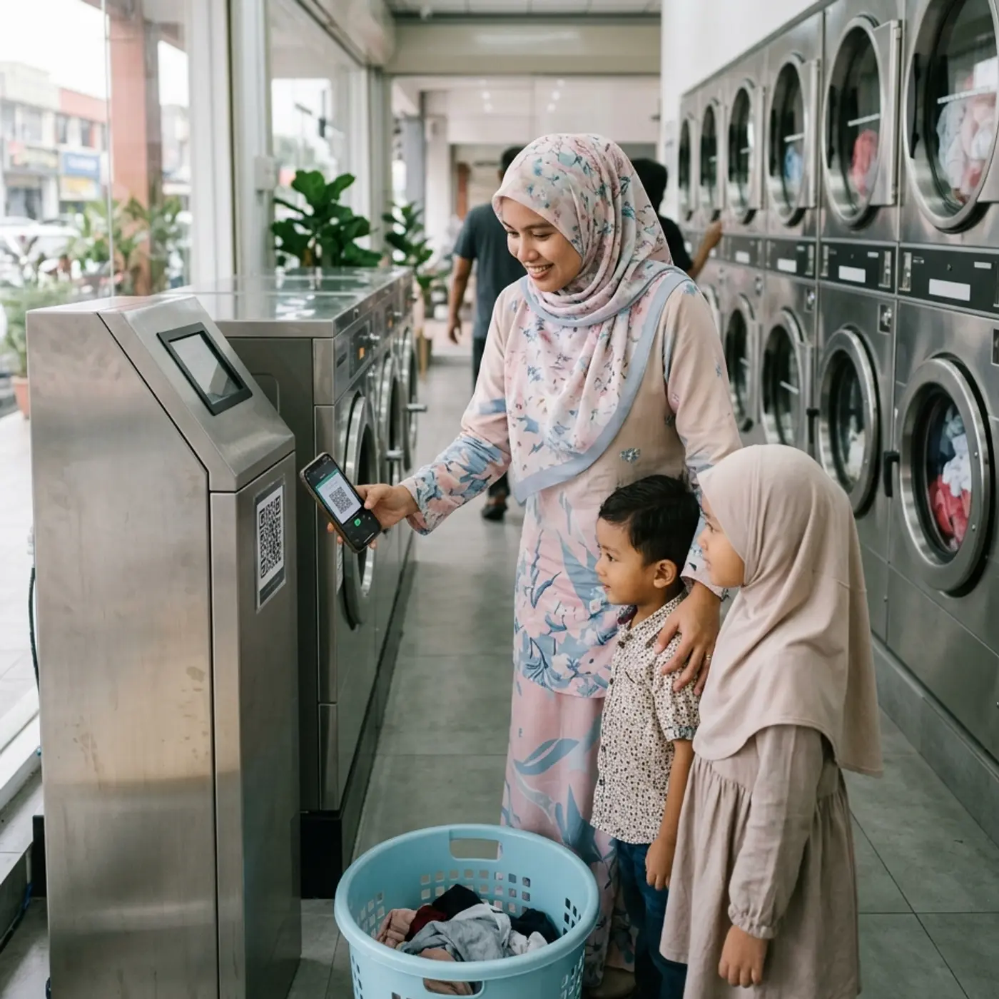 Seorang ibu bertudung bersama dua anaknya membayar dengan imbasan kod QR di kiosk dobi