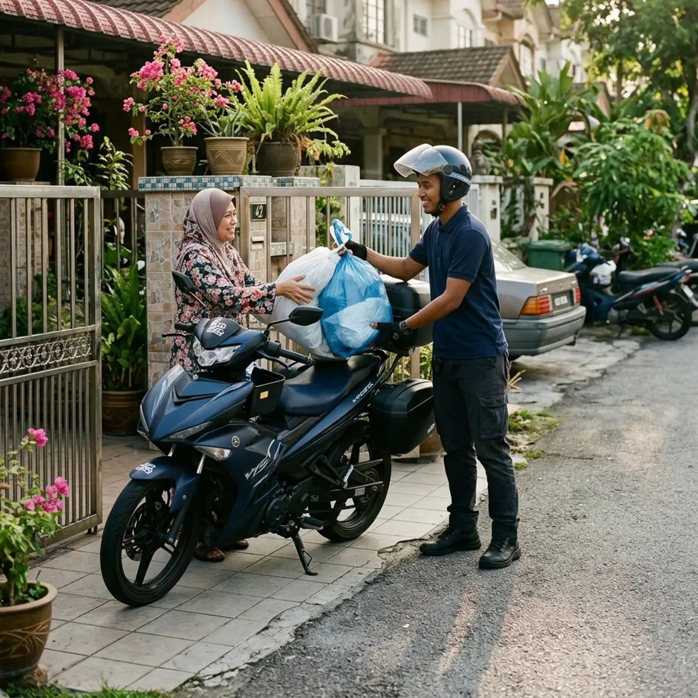 Rider DobiHub menghantar beg cucian ke rumah teres pelanggan